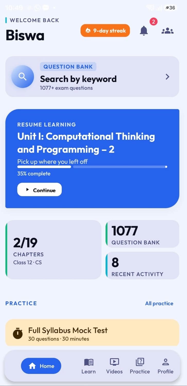 KV Coders Android app home screen: Question Bank search, Resume Learning progress, and Practice tests
